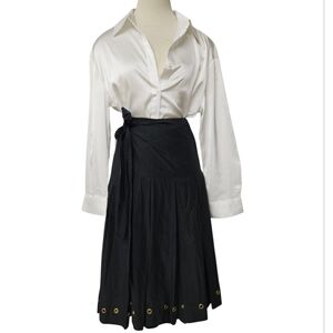 Nicole Farhi Pleated Cotton Silk Wrap Skirt With Grommets In Slate And Gold Sz 6